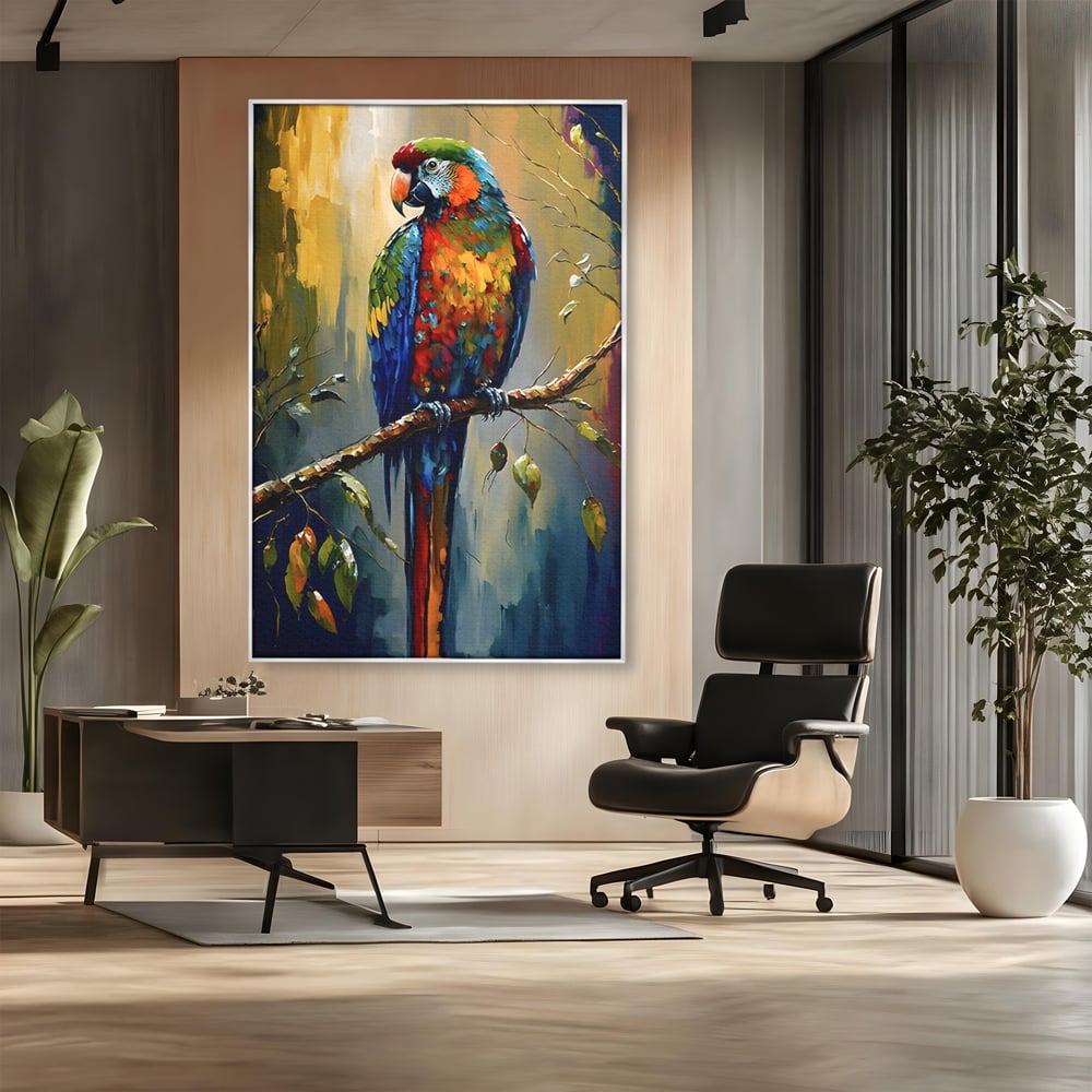 Tablou canvas cu tablou canvas cu papagal colorat, in rama de aluminiu argintiu, pe perete intr-un birou